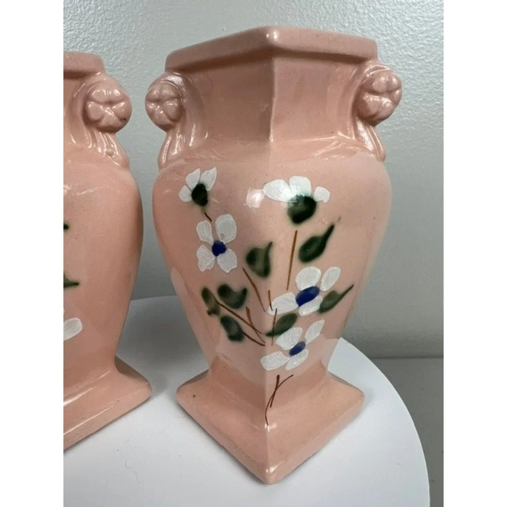 Vintage RRP Co Roseville Ohio Pink Dogwood Floral Miniature Urn Vases Set of 2